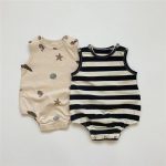 【66-90cm】ロンパース ノースリーブ 総柄ストライプ ベビー服 - 画像 (3)