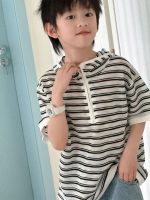 【90-150cm】Tシャツ 半袖 キッズ フード付き 通気性 白黒ボーダー プルオーバー デイリーカジュアル - 画像 (3)