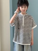 【90-150cm】Tシャツ 半袖 キッズ フード付き 通気性 白黒ボーダー プルオーバー デイリーカジュアル - 画像 (2)