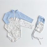 【66-100cm】水着 チェック柄 ドット柄 長袖 日焼け止め 帽子付き スイムウェア - 画像 (4)