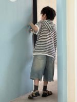 【90-150cm】Tシャツ 半袖 キッズ フード付き 通気性 白黒ボーダー プルオーバー デイリーカジュアル - 画像 (6)