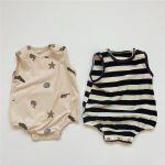 【66-90cm】ロンパース ノースリーブ 総柄ストライプ ベビー服