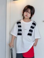 【100-150cm】Tシャツ 半袖 ストライプ 配色 切り替え - 画像 (2)