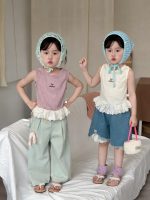 【90-140cm】ベスト 女の子 レース フリル ニット