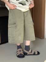 【90-150cm】7分丈デニムパンツ 韓国ヴィンテージ風 ビッグポケット 長く愛せる1本