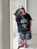 【100-150cm】Tシャツ ショートパンツ 配色 プリント カジュアル ダメージジーンズ - 画像 (3)