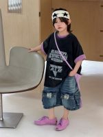 【100-150cm】Tシャツ ショートパンツ 配色 プリント カジュアル ダメージジーンズ - 画像 (6)