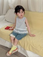【90-140cm】ベスト 女の子 チェック柄 レース 切り替え - 画像 (5)