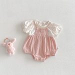 【66-90cm】ロンパース ベビー 女の子 レースフリル やわらか