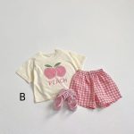 【80-130cm】セットアップ キッズ服 フルーツ柄 トップス＆チェックショートパンツ - 画像 (4)