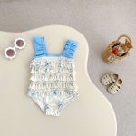 【80-120cm】水着 ブルー フラワー スイムウェア