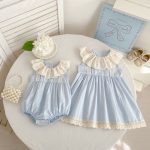 【66-130cm】ロンパースorワンピース フリル襟 ブルー 姉妹服