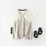 【73-100cm】セットアップ ストライプ 恐竜 サロペット＆シャツ - 画像 (5)