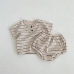 【66-100cm】セットアップ ベビー 韓国風 ボーダーワッフル - 画像 (3)