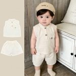 【66-90cm】セットアップ ノースリーブ ベージュ シンプル 着心地良い - 画像 (3)