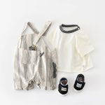 【73-100cm】セットアップ ストライプ 恐竜 サロペット＆シャツ - 画像 (4)