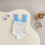 【80-120cm】水着 ブルー フラワー スイムウェア - 画像 (3)