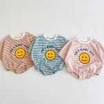 【66-90cm】ロンパース ベビー 半袖 笑顔柄 ボーダー