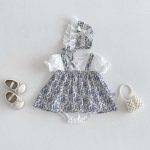 【66-90cm】ロンパース&帽子 ブルー花 レイヤード おしゃれ 赤ちゃん服 - 画像 (2)