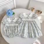 【66-130cm】ロンパースorワンピース ブルー 花柄 姉妹服
