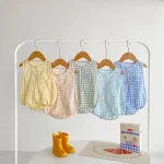 【66-90cm】ロンパース ベビー ノースリーブ チェック柄 - 画像 (3)