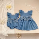 【66-130cm】デニムロンパースorワンピース 姉妹服 ダブル 蝶結び付き