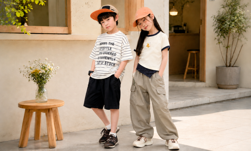春夏の季節、子供がTシャツ1枚で爽やかにコーデしたおしゃれな着こなし例