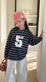 【100-170cm】長袖トップス 女の子 ボーダー カジュアル 通気性抜群 - 画像 (4)