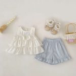【73-120cm】セットアップ ベビー フリル ノースリープ ドット柄 - 画像 (2)