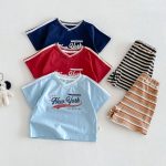 【73-120cm】半袖Tシャツorショートパンツ ベビー Vネックロゴ ボーダー