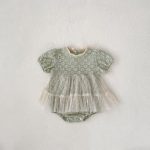 【66-90cm】ロンパース ベビー フラワー刺繡 ワンピース風
