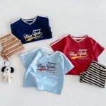 【73-120cm】半袖Tシャツorショートパンツ ベビー Vネックロゴ ボーダー - 画像 (5)