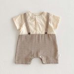 【66-90cm】ロンパース サスペンダー風 半袖 チェック柄 襟付き - 画像 (3)