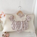 【73-100cm】ロンパース ベビー 蝶結び付き パープル花柄 - 画像 (3)
