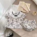 【66-90cm】セットアップ ブラック フラワー 半袖 トップス＆パンツ - 画像 (3)