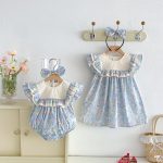 【66-140cm】ロンパースorワンピース ブルー 花柄 姉妹服 - 画像 (2)