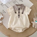 【66-90cm】ロンパース サスペンダー風 半袖 チェック柄 襟付き - 画像 (5)