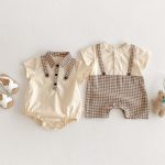 【66-90cm】ロンパース サスペンダー風 半袖 チェック柄 襟付き - 画像 (2)