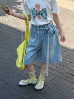 【100-160cm】ショートパンツ デニム ベルト付き 無地 ゆったり 合わせやすい