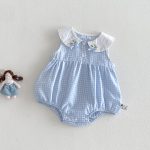【66-90cm】ロンパース ベビー チェック柄 折り襟 シンプル