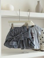【100-160cm】スカート チェック柄 リボン シンプル 気質 女の子 - 画像 (4)