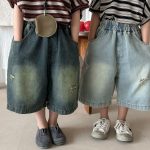 【80-140cm】デニムパンツ 七分丈 ヴィンテージ加工 ダメージ