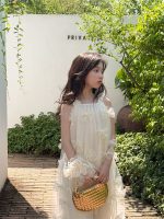 【100-160cm】ワンピース リボン プリンセス風 メッシュ ノースリーブ 女の子