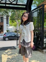 【100-160cm】三点セット学園風半袖ボーダー柄リボンシャツ+裾+ショートパンツ - 画像 (5)