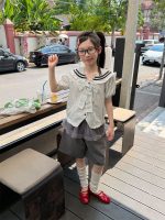 【100-160cm】三点セット学園風半袖ボーダー柄リボンシャツ+裾+ショートパンツ