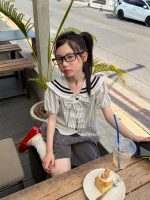 【100-160cm】三点セット学園風半袖ボーダー柄リボンシャツ+裾+ショートパンツ - 画像 (3)