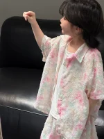 【100-150cm】セットアップ ビーチ風 ゆったり カジュアル シャツ ショートパンツ - 画像 (3)