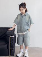 【120-170cm】セットアップ デニム 折り襟 半袖 ゆったり カジュアル - 画像 (5)