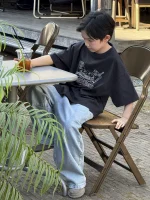 【90-160cm】男の子 半袖Tシャツ 落書き柄 カジュアル ゆったり ラウンドネック - 画像 (2)