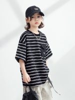 【120-170cm】Tシャツ ボーダー柄 カジュアル 半袖 ラウンドネック - 画像 (4)